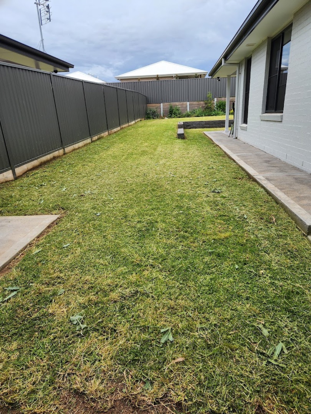 A side lawn mown back along a paved path and a Colorbond fence line