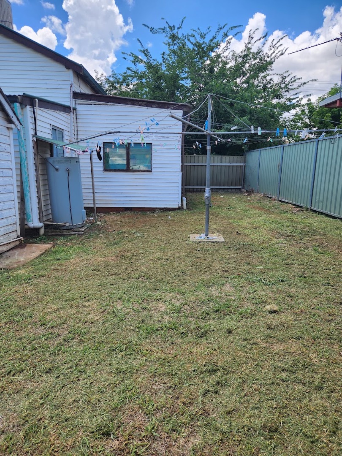 A back lawn mown flat around a clothesline and a garden shed in Dubbo