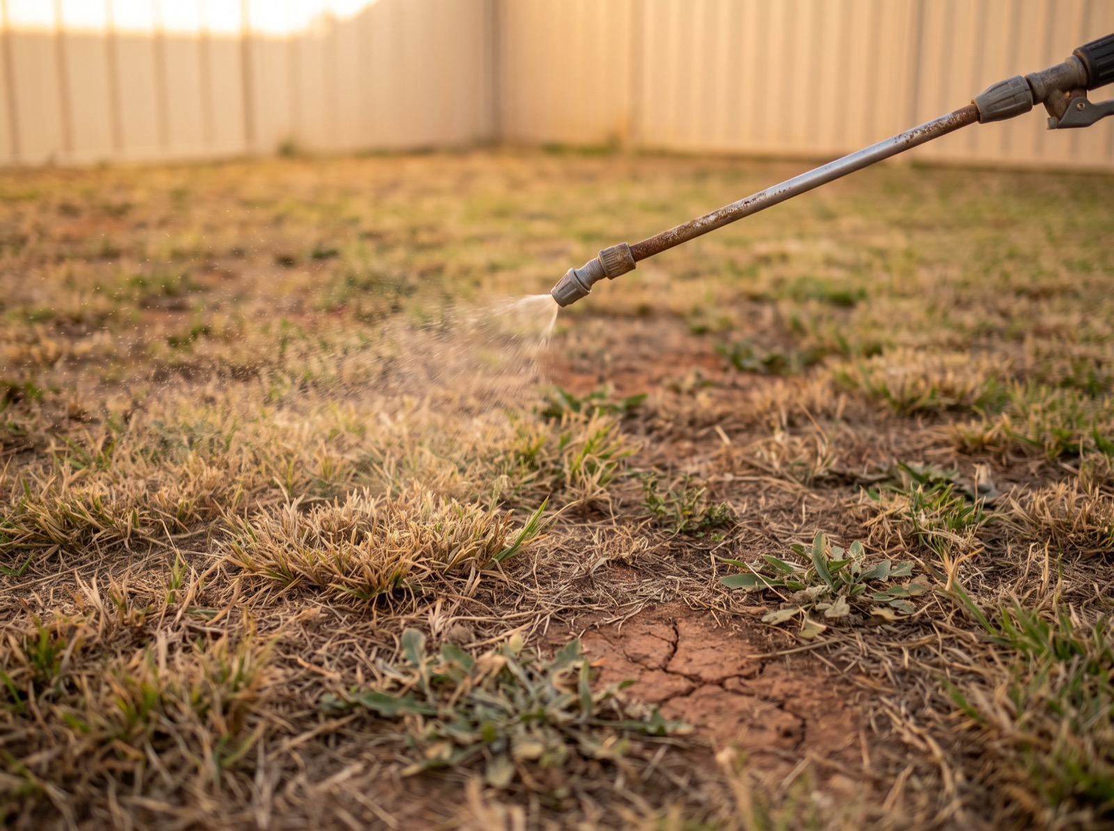 A sprayer wand misting low over a dry patchy lawn with broadleaf weeds through it