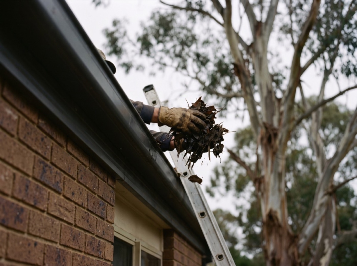 A gloved hand lifting leaf litter out of a house gutter beside gum trees