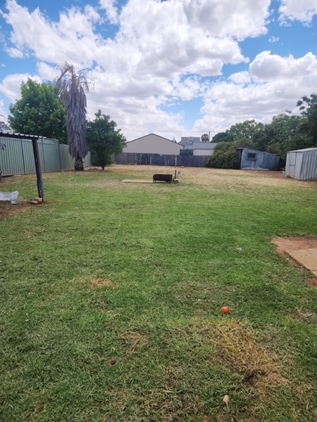 A back lawn mown up to a Colorbond fence beside a weatherboard house
