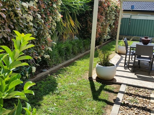 A paved courtyard and garden beds beside a mown strip of lawn