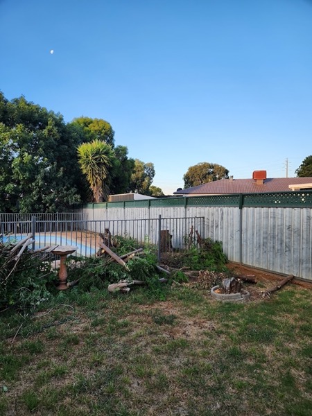 A back yard mown out beside a fence with cut timber stacked at the edge